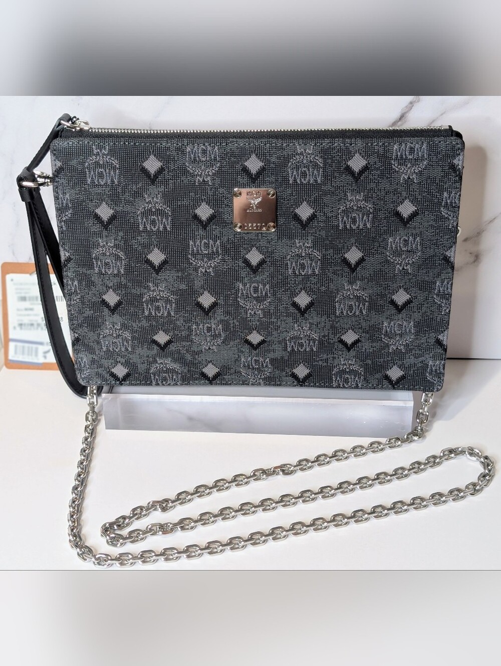 MCM Aren Wallet On Chain Dark Grey Monogram Crossbody + Dust Bag